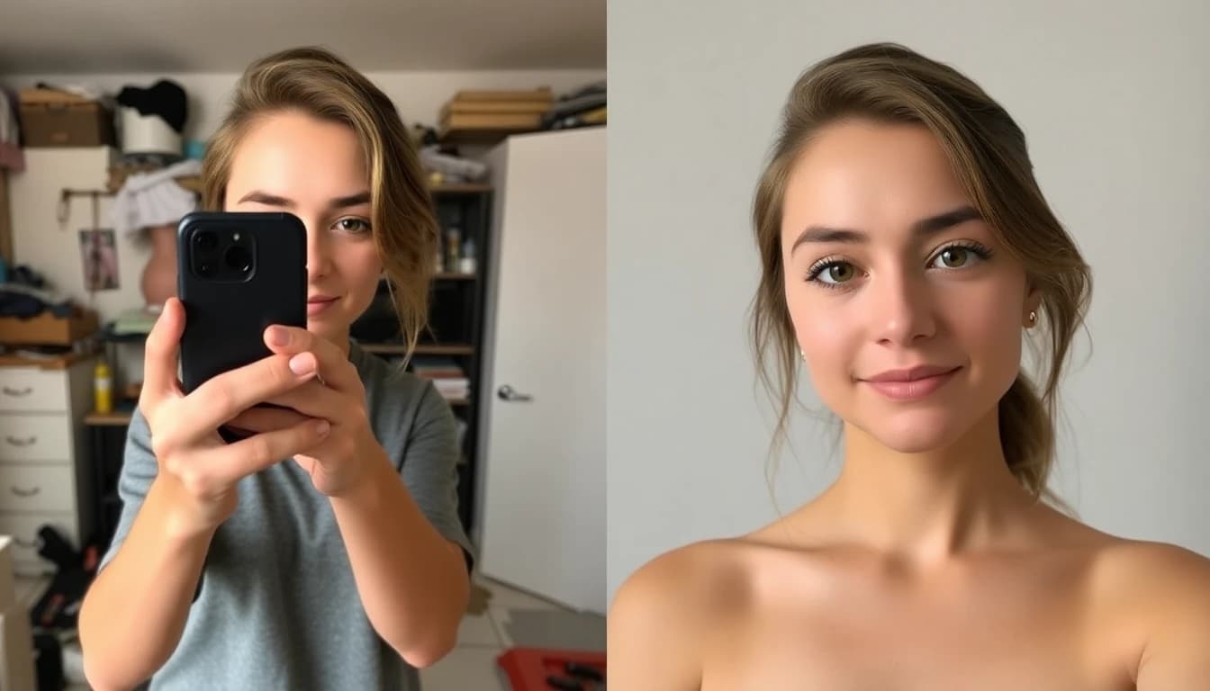 Before and after comparison of casual selfie transformed into professional headshot