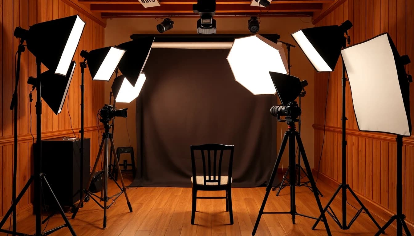 Traditional photography studio with professional lighting and camera equipment