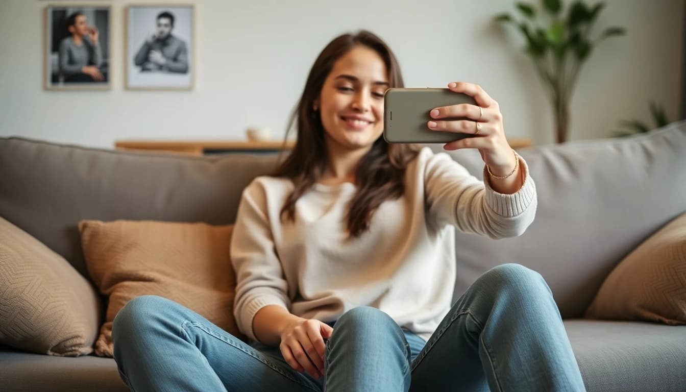 Person relaxing at home using smartphone to generate AI headshots