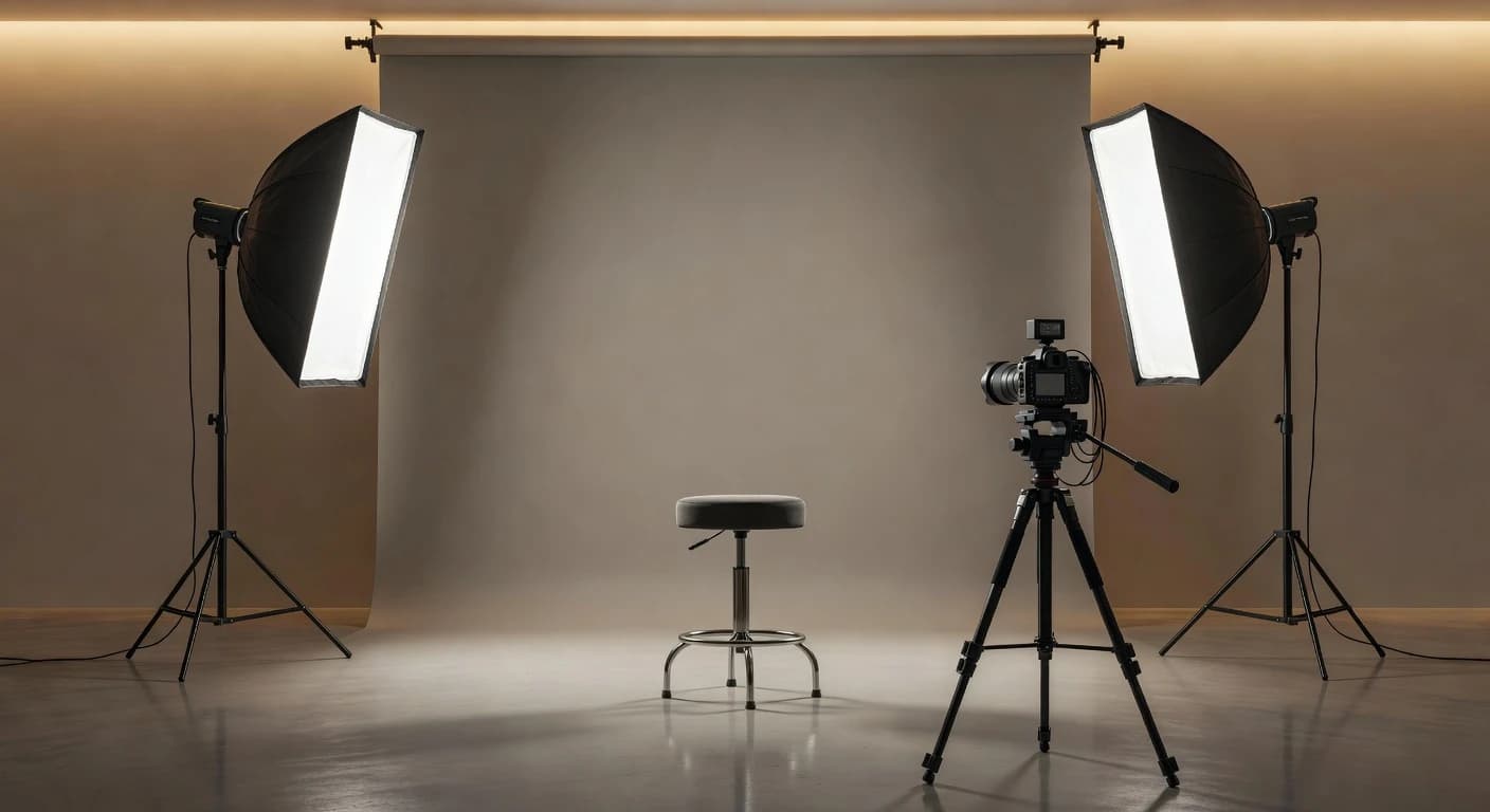 Professional photography studio set up with softbox lights, backdrop, and camera ready for a headshot session