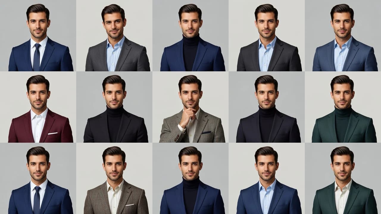 Grid of polished professional AI headshots of the same person in different outfits and clean backgrounds