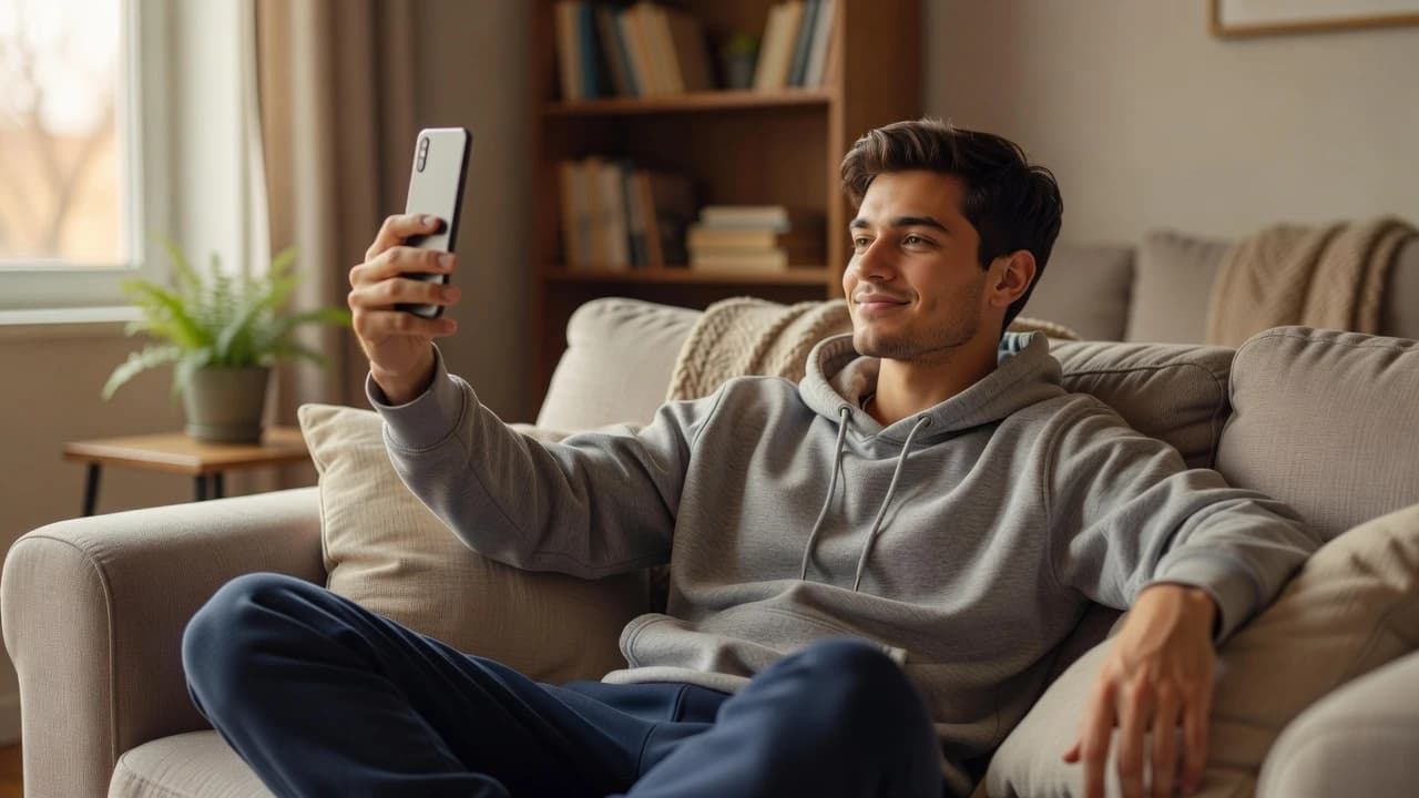 Person relaxing on a couch at home taking selfies on a smartphone in soft natural light