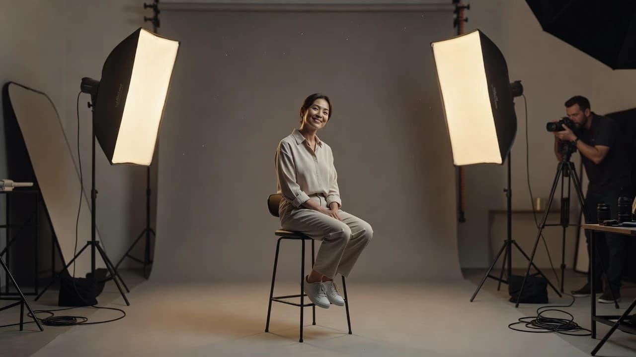 Person sitting on a stool during a professional studio headshot session with softbox lighting