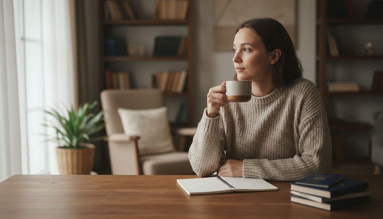 Pessoa fazendo uma pausa com uma xícara de café em uma mesa em casa enquanto planeja uma próxima viagem