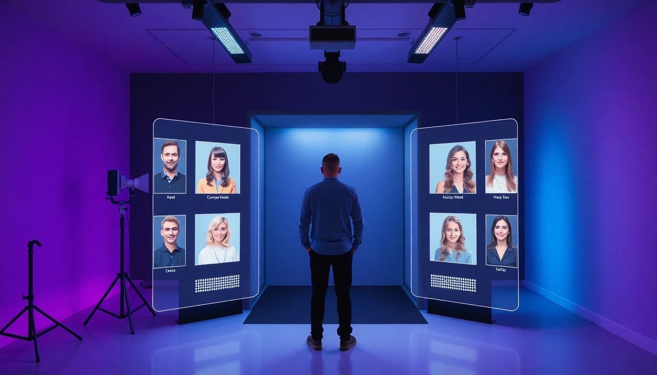 AI photo studio concept with futuristic photo booth generating professional headshots