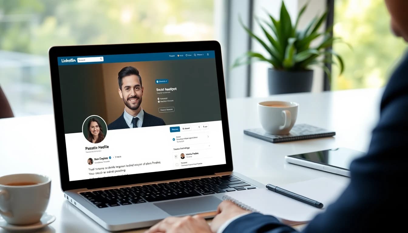Professional AI-generated headshot displayed on a LinkedIn profile on a laptop screen