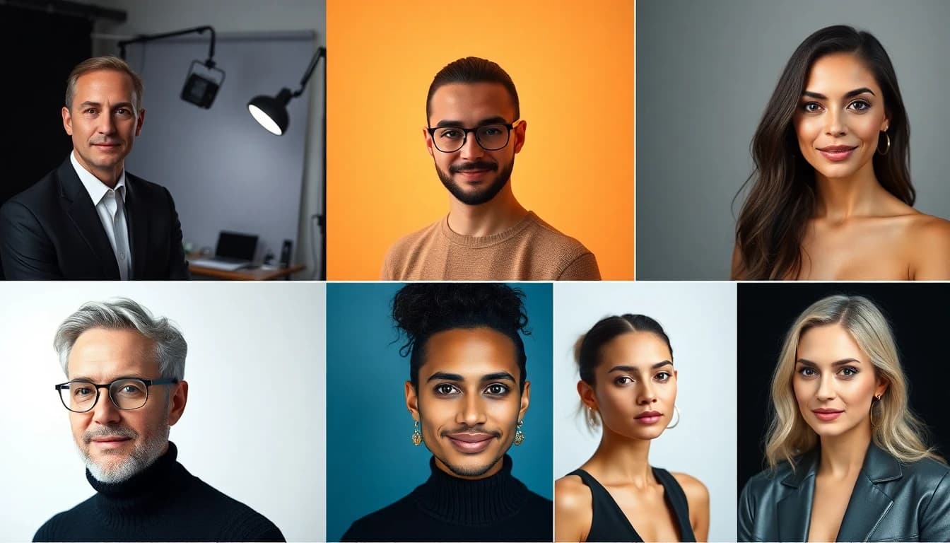 Collage of different AI-generated portrait styles including corporate, natural light, creative, and editorial