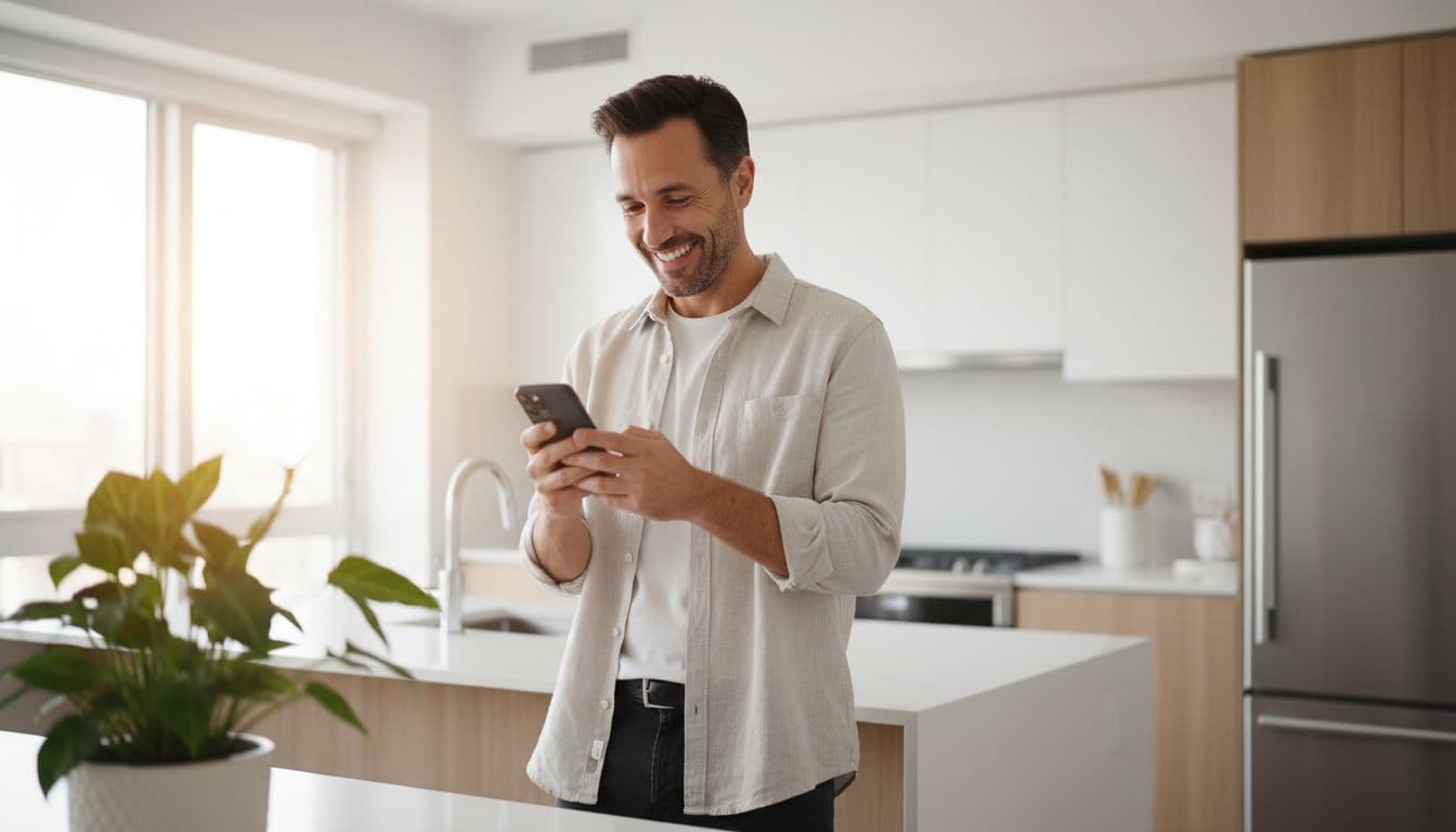 スマートフォンでプロらしい証明写真の一式を見ながら微笑む人物