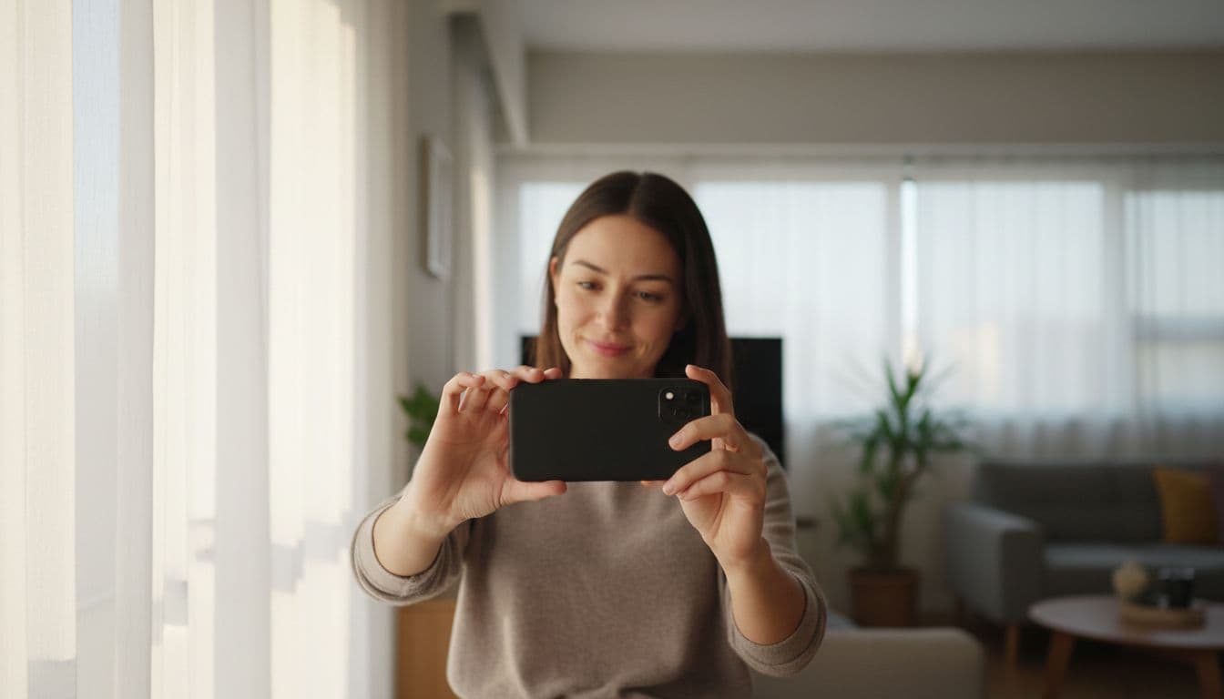 AI証明写真アプリのために自宅の明るい窓辺でスマートフォンでセルフィーを撮る人物