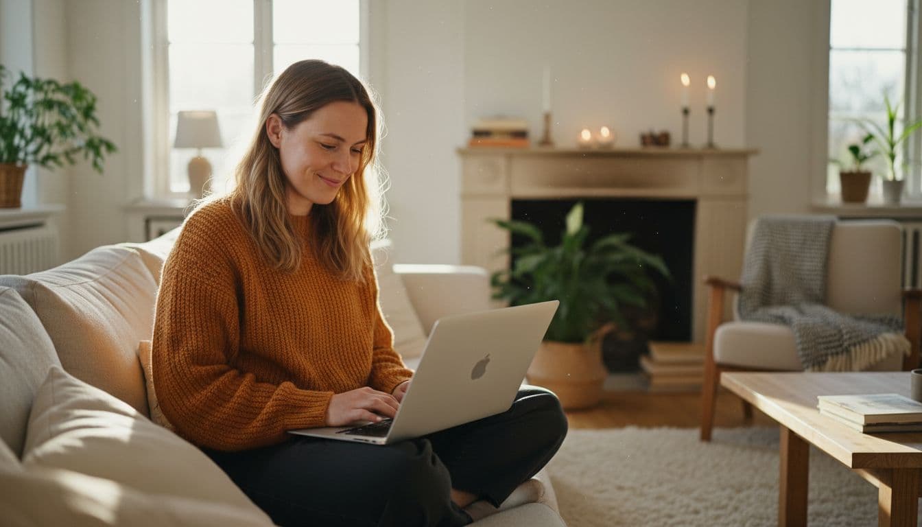 Person at a home desk comparing subscription plans for the best AI photo app on a laptop, thoughtful expression