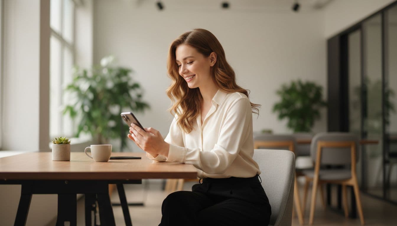 Young professional at a desk reviewing new headshot photos on a smartphone with a satisfied expression