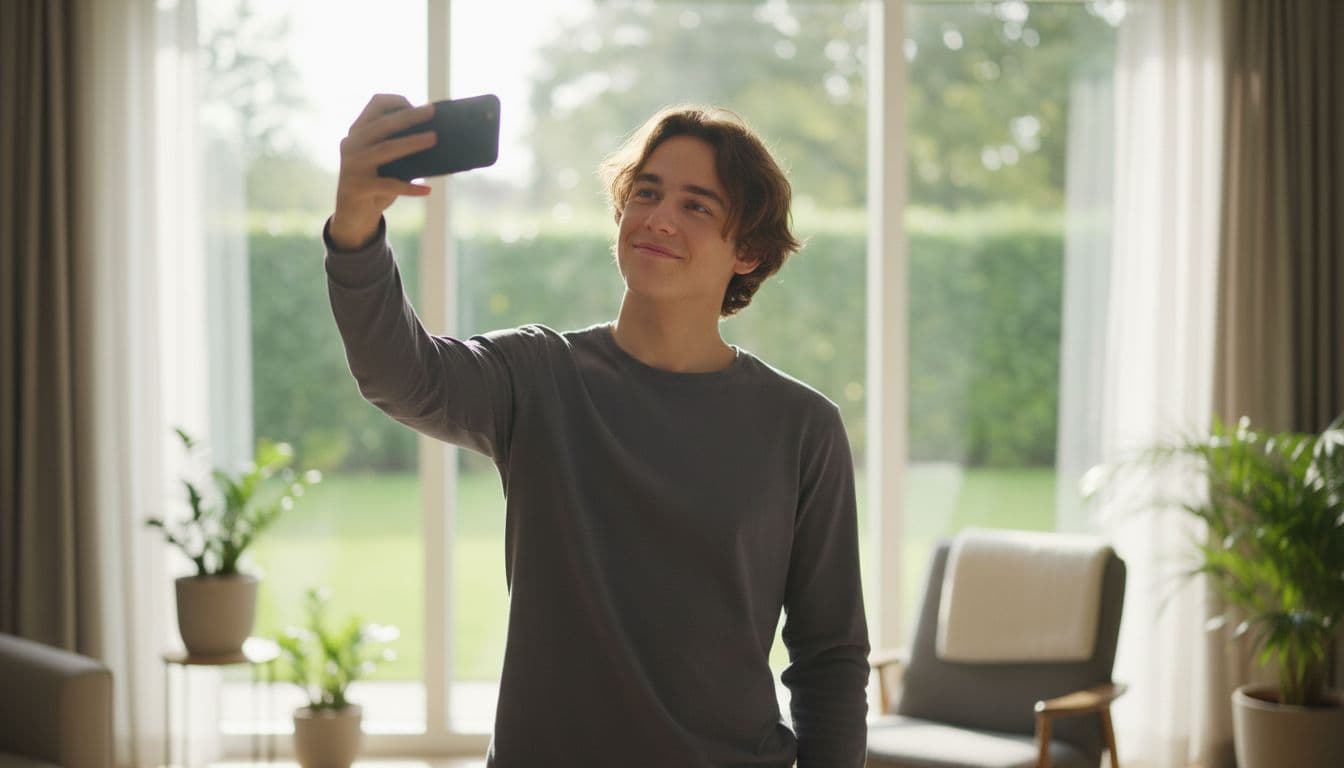 Person taking a relaxed selfie with a smartphone near a bright window, the kind of photo the best AI photo app can work with