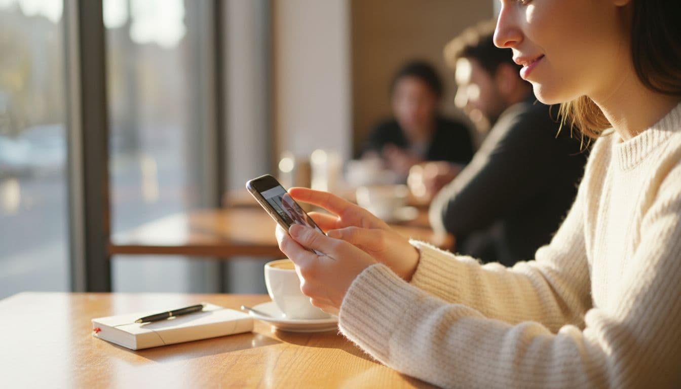 Persoon bewerkt een foto op een iPhone aan een lichte cafétafel, vergelijkt ingebouwde tools met een eigen AI fotobewerking app