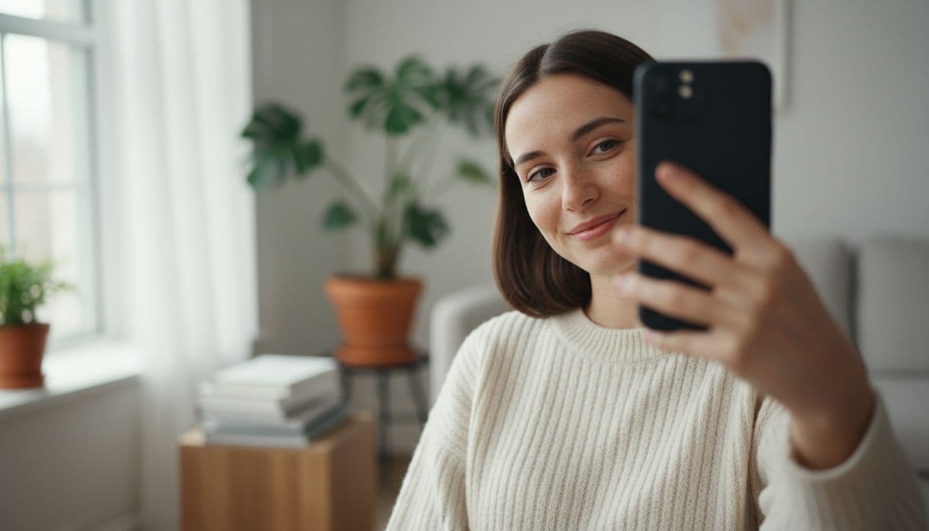 Persoon neemt een natuurlijke selfie bij een licht raam met de iPhone, het soort alledaagse foto dat een AI fotobewerking app gebruikt