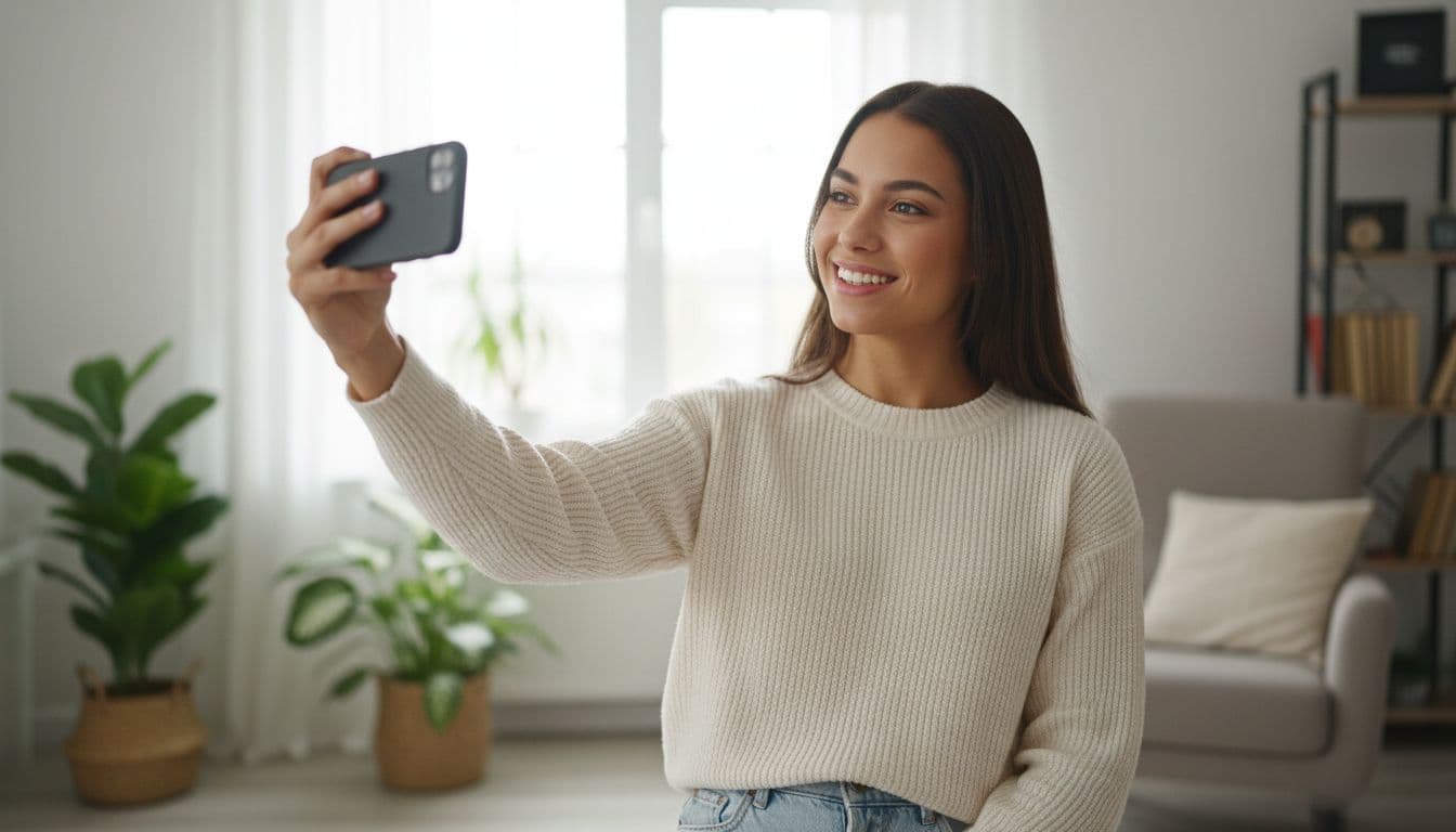 Pessoa confiante tirando uma selfie com luz natural suave para o melhor app de foto de perfil com IA