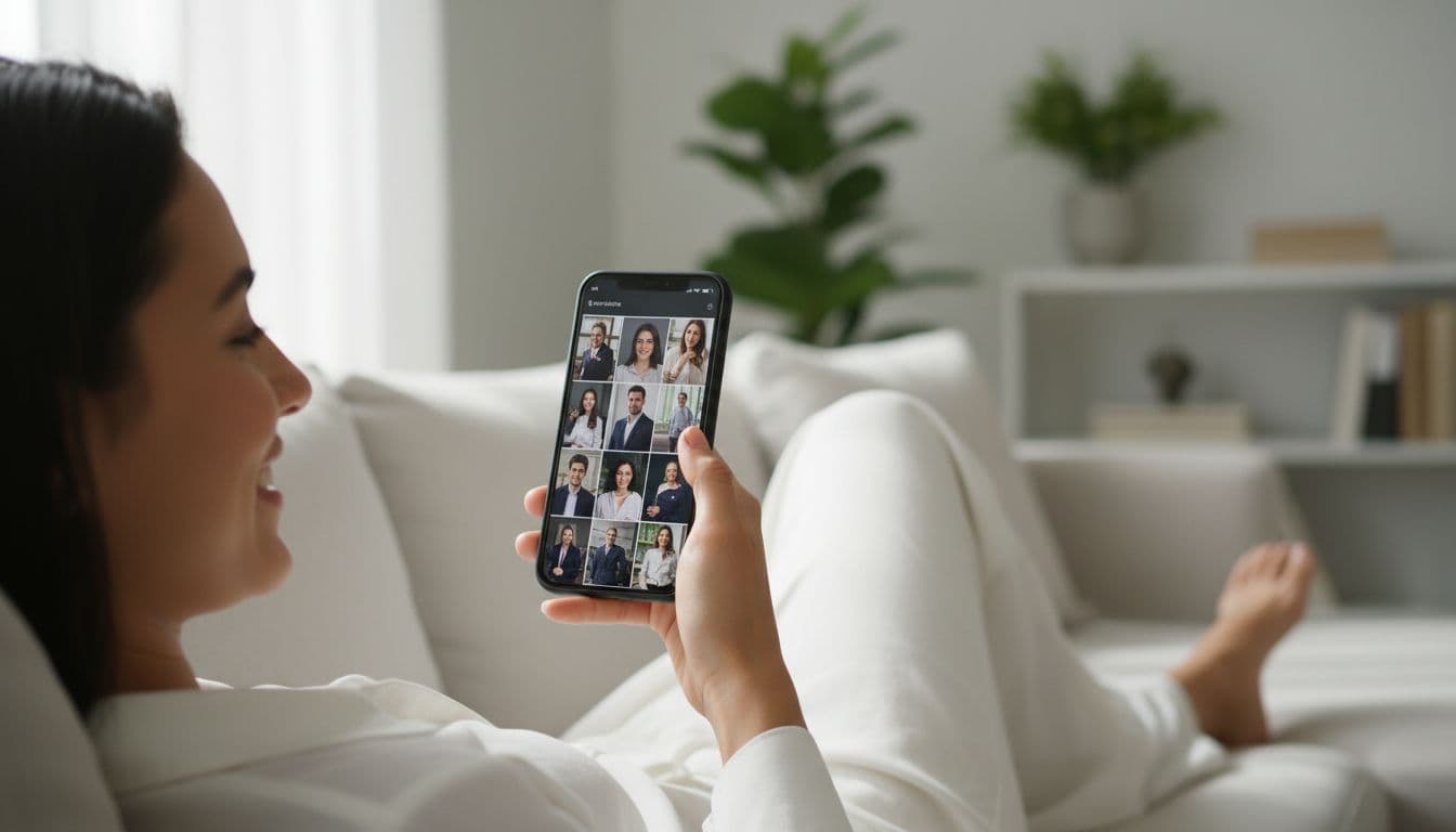 Pessoa relaxando no sofá e sorrindo enquanto revisa novas opções de foto de perfil no celular
