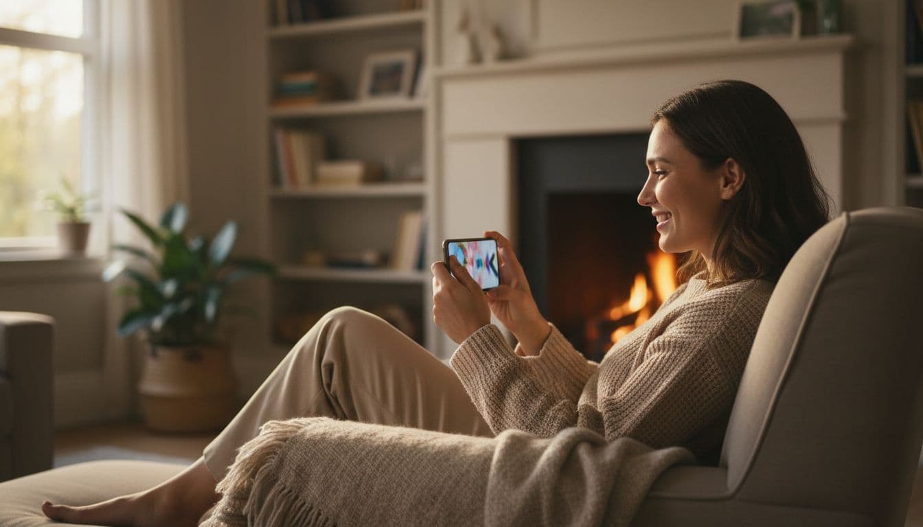 Pessoa sorrindo enquanto revisa várias opções de estilo de foto de perfil geradas por IA no celular