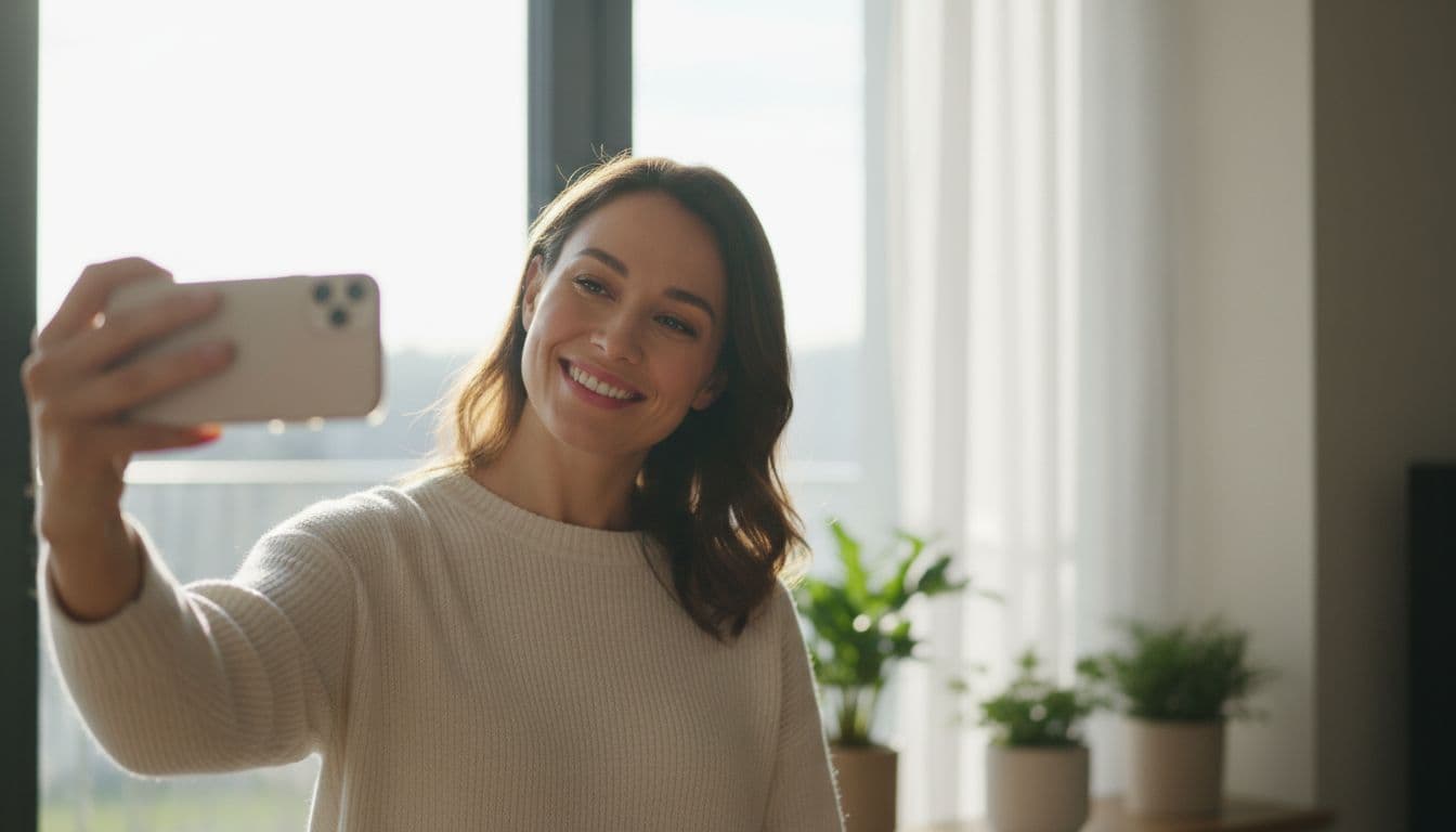 Pessoa tirando uma selfie casual perto de uma janela iluminada em casa para o melhor app de foto de perfil com IA