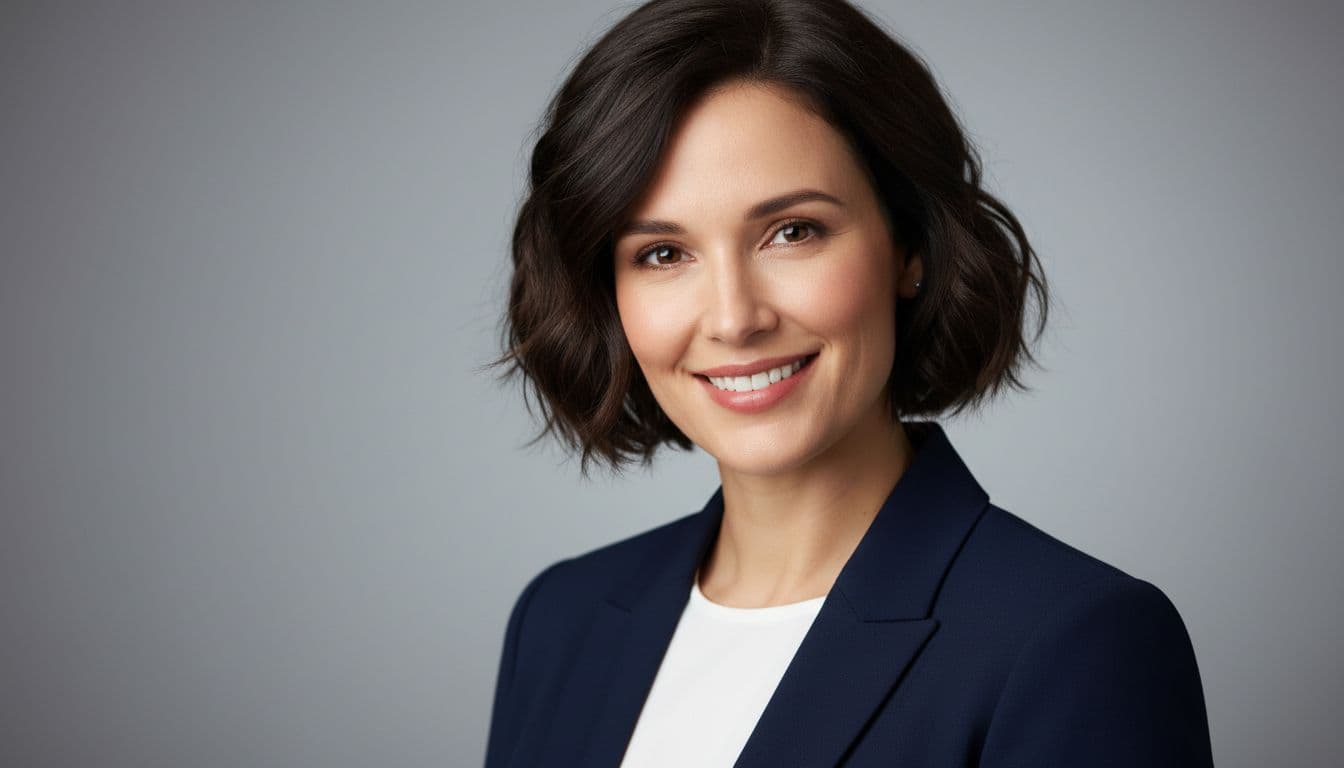 Professional wearing a navy blazer in front of a soft gray backdrop, the best background for headshots