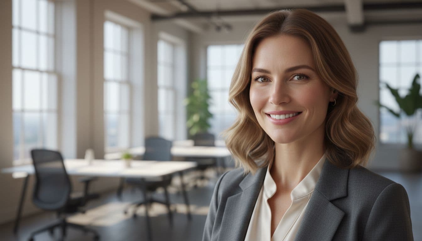 Professional woman with a softly blurred modern office behind her in a natural headshot