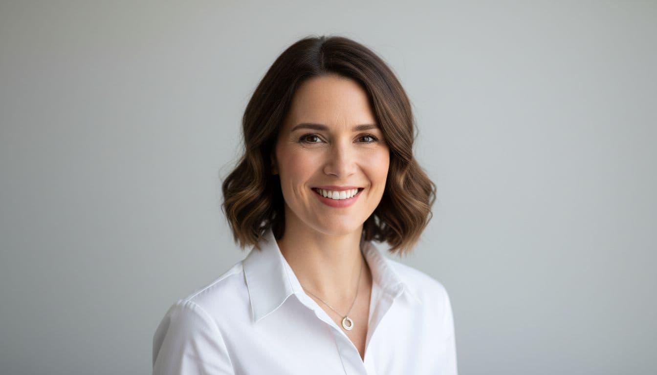 Smiling professional photographed against a neutral gray backdrop, a clean example of the best background for headshots