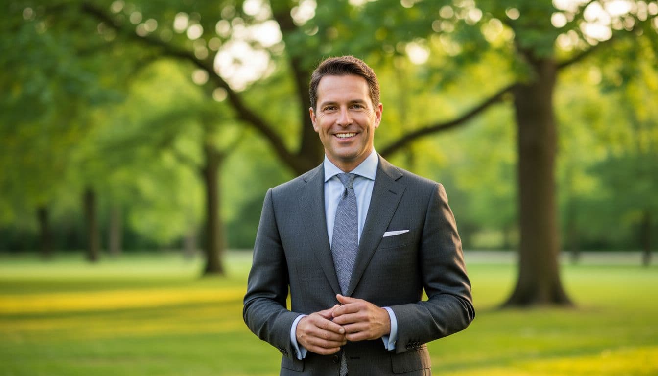 Smiling man outdoors with soft green foliage blurred behind him in an outdoor headshot