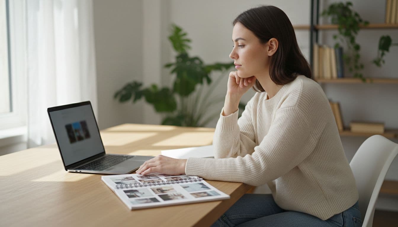 Person at a desk comparing two portrait photos with different backgrounds on a phone