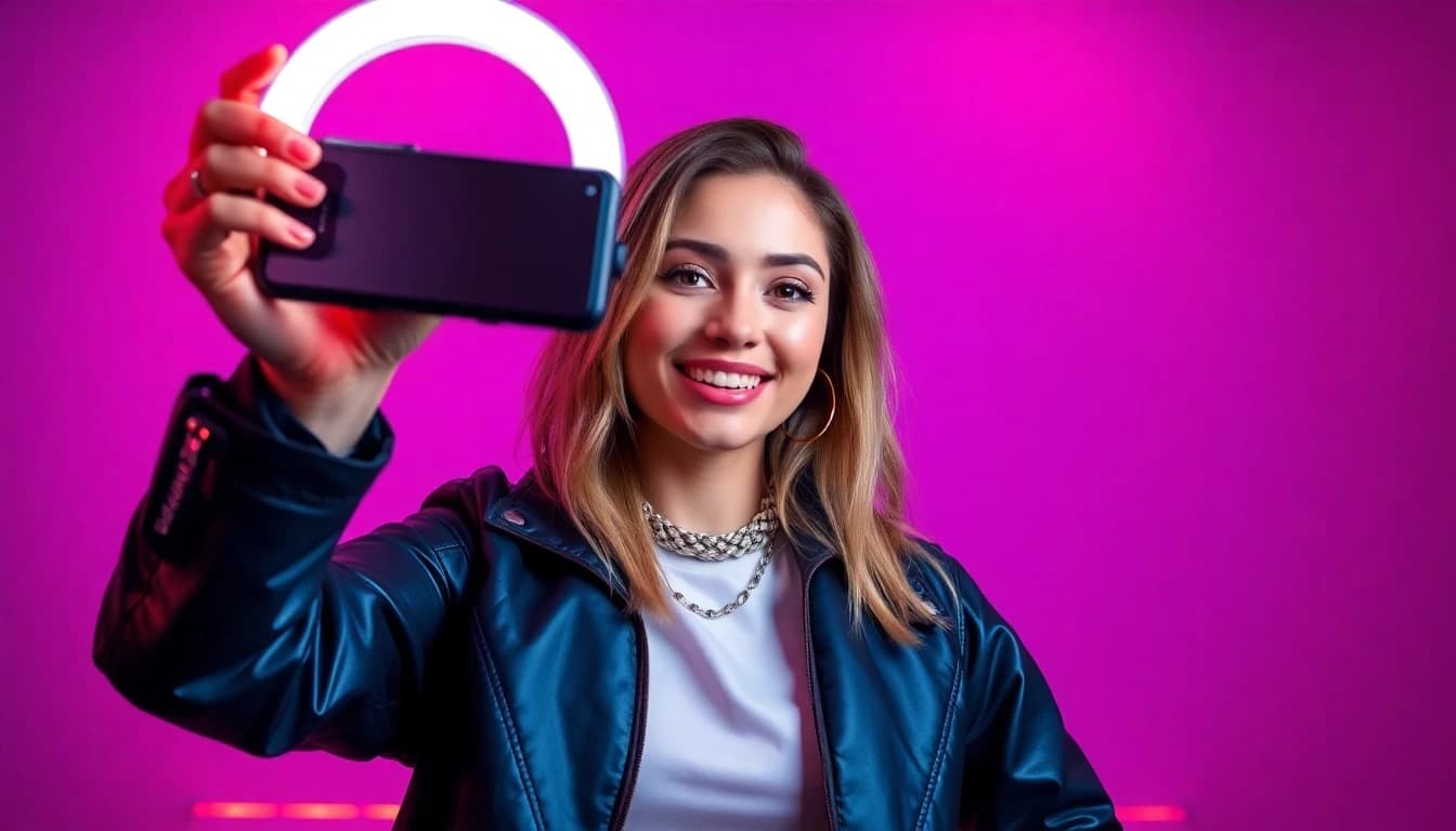 Creative content creator taking vibrant selfie with ring light