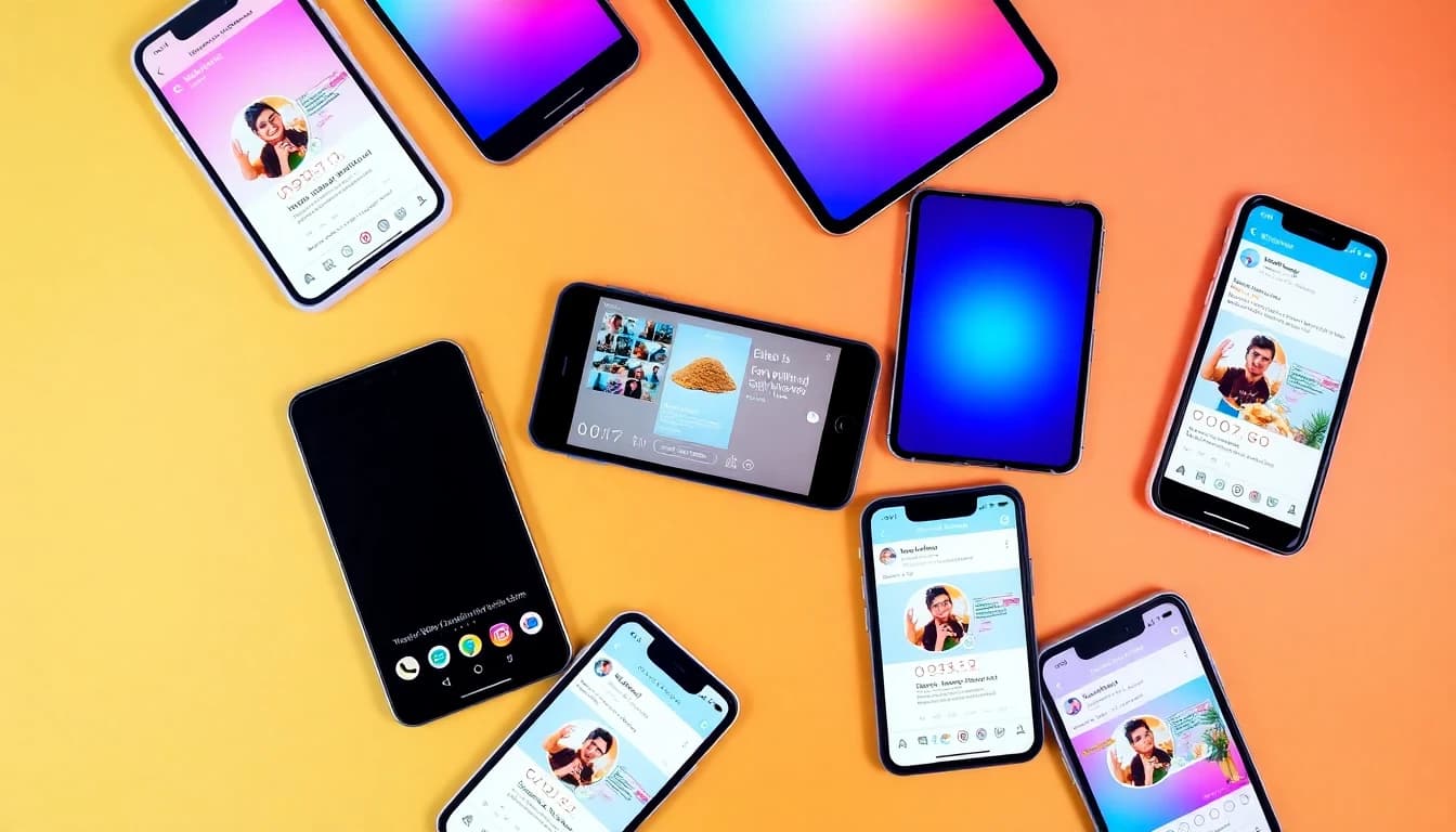 Multiple smartphones showing different social media profiles with various photo styles