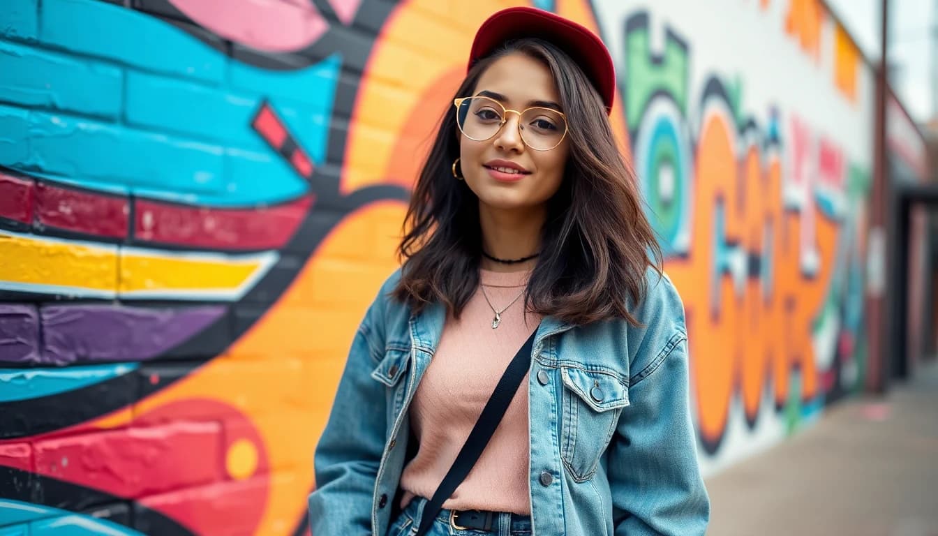 Casual lifestyle portrait against colorful mural wall for Instagram