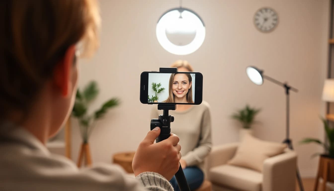 Person recording video content with phone on tripod and ring light