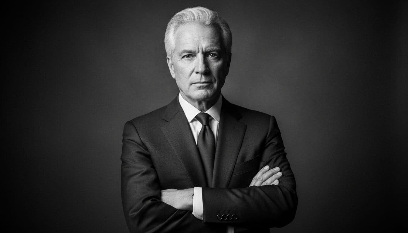 Ejecutivo distinguido en una foto en blanco y negro clásica con iluminación de estudio dramática y direccional