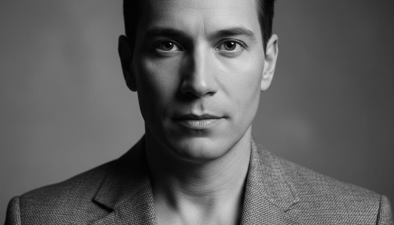 Confident professional captured in a classic black and white headshot with dramatic studio lighting