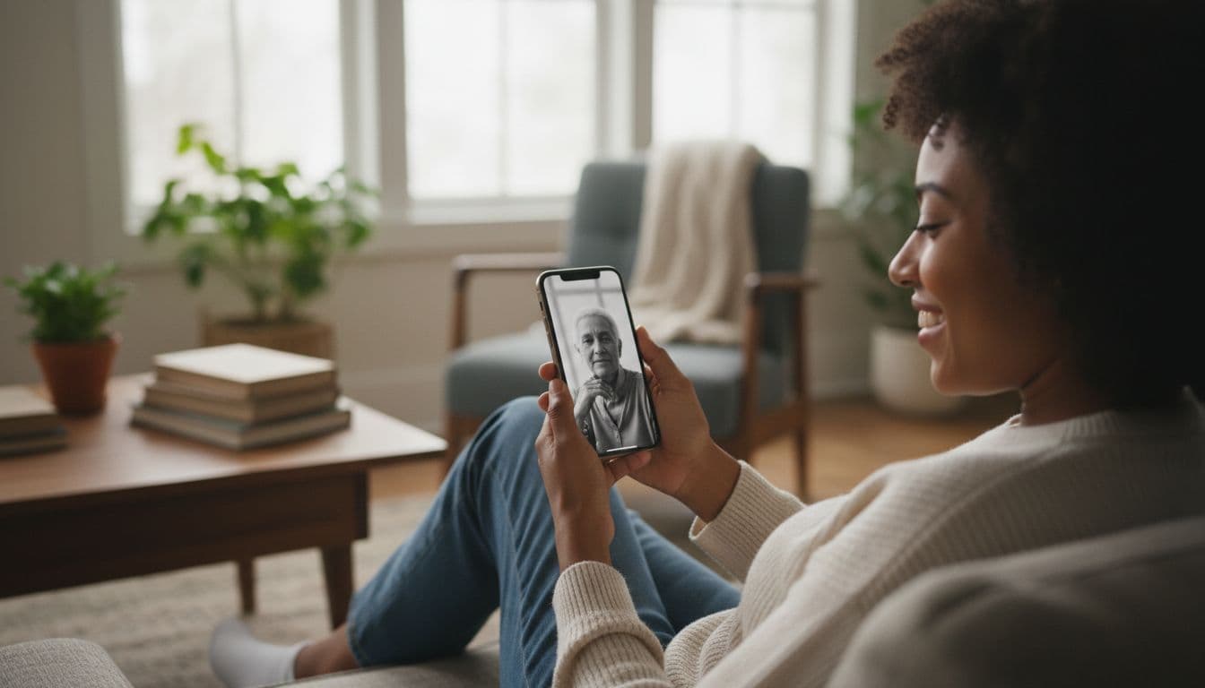 Persona en casa sonriendo mientras revisa una foto de retrato monocromático en la pantalla del móvil