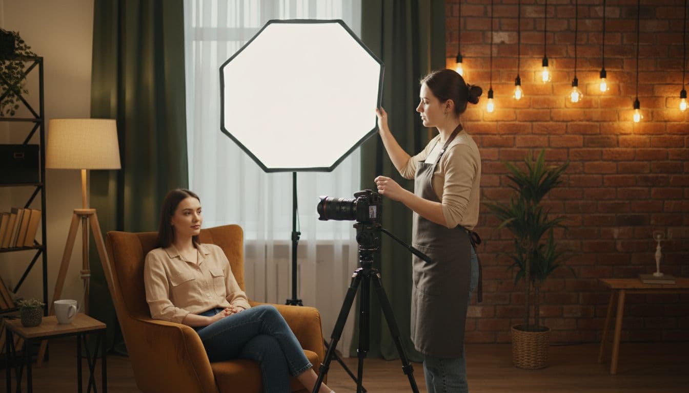 Fotógrafo ajustando una luz softbox en un pequeño estudio antes de una sesión de retrato monocromático