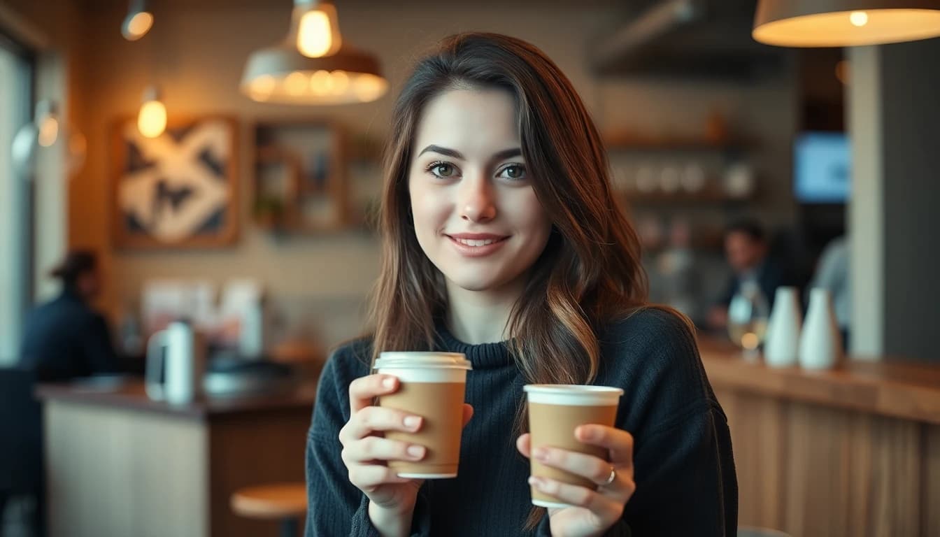 Young woman in cozy coffee shop with warm natural lighting