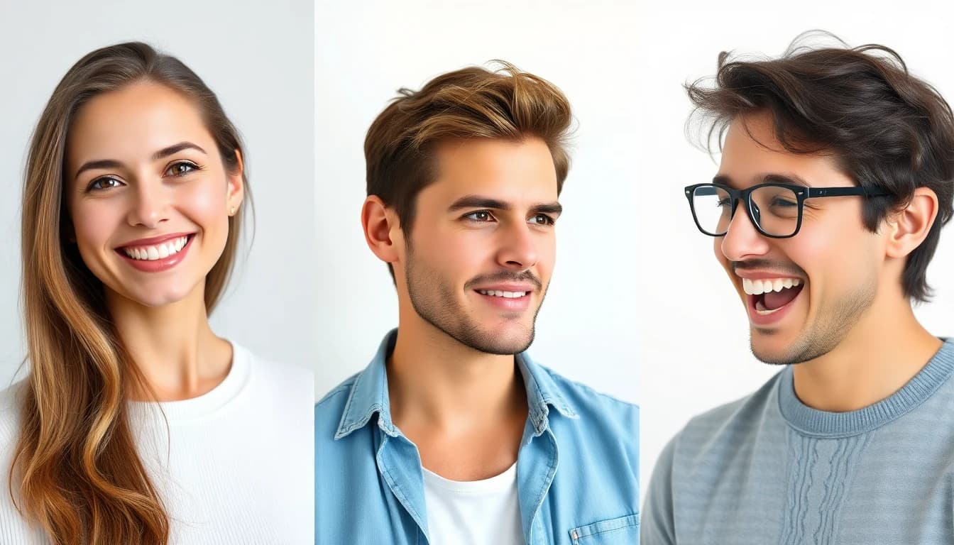 Three portraits showing variety of natural expressions for dating profiles