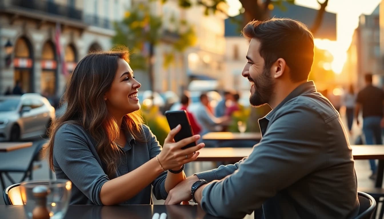Happy person at outdoor cafe showing phone screen with dating profile photos