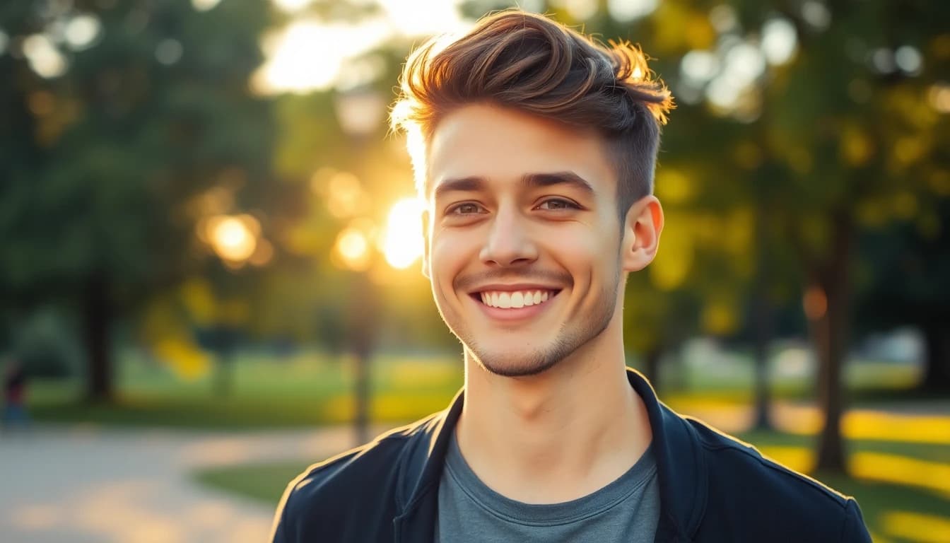 Young man with genuine warm smile in outdoor golden hour setting