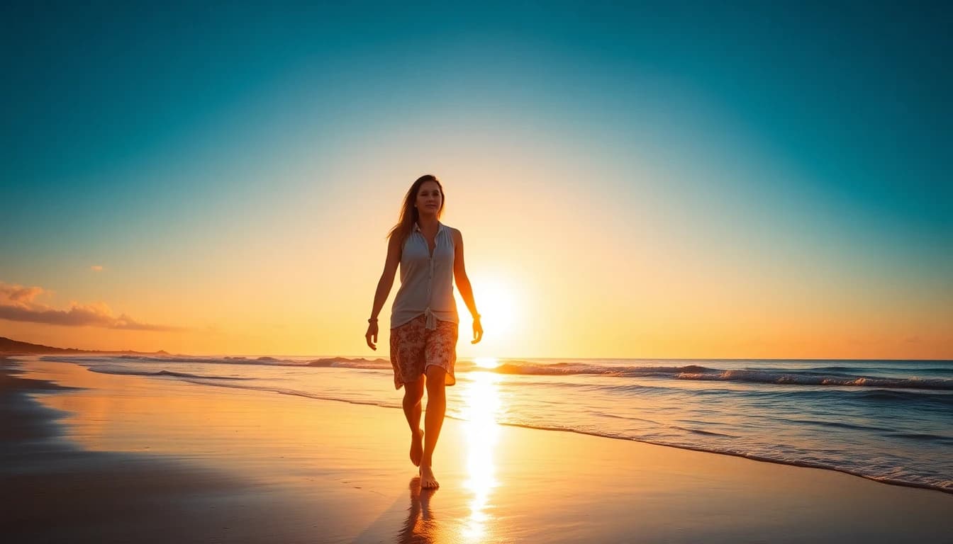 Person walking along beach at sunset in casual summer outfit