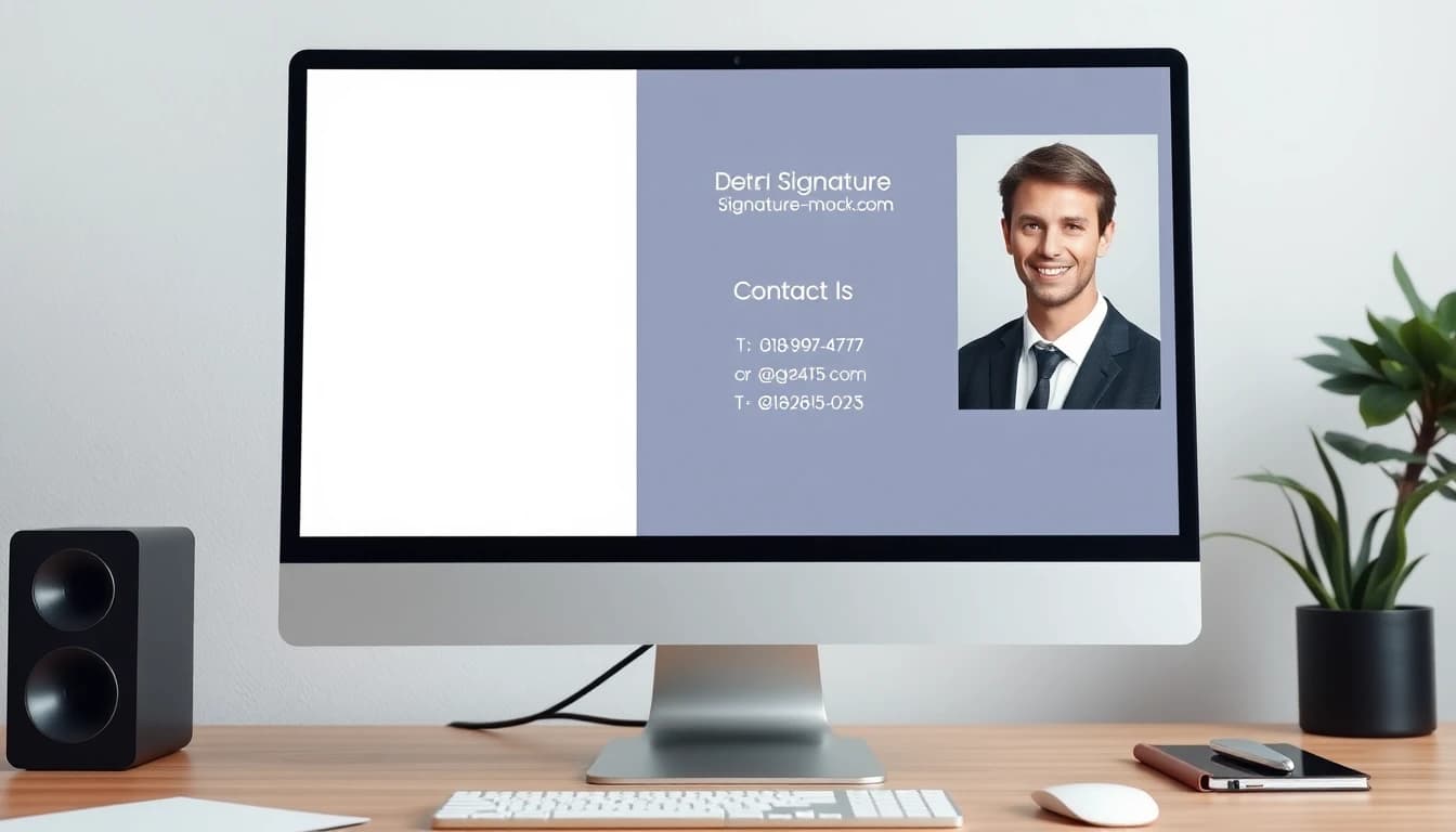 Professional email signature with headshot on computer screen