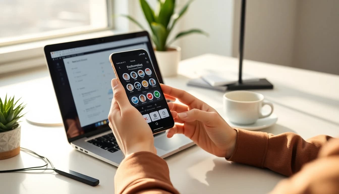 Person scrolling professional networking app on phone at modern desk