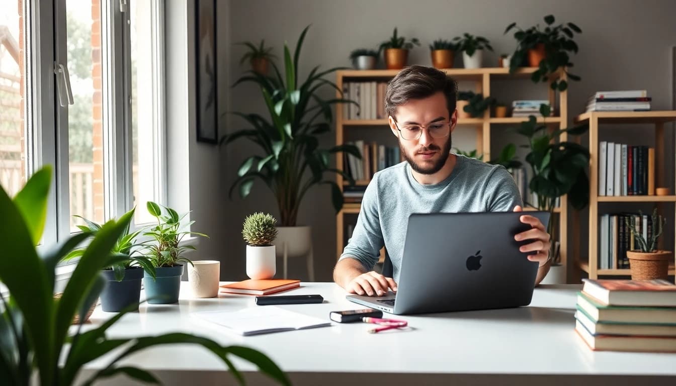 Freelancer working on laptop in bright modern home office