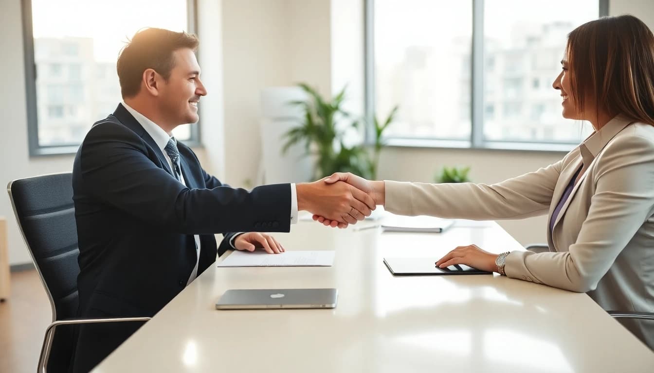Two professionals shaking hands at a job interview in modern office