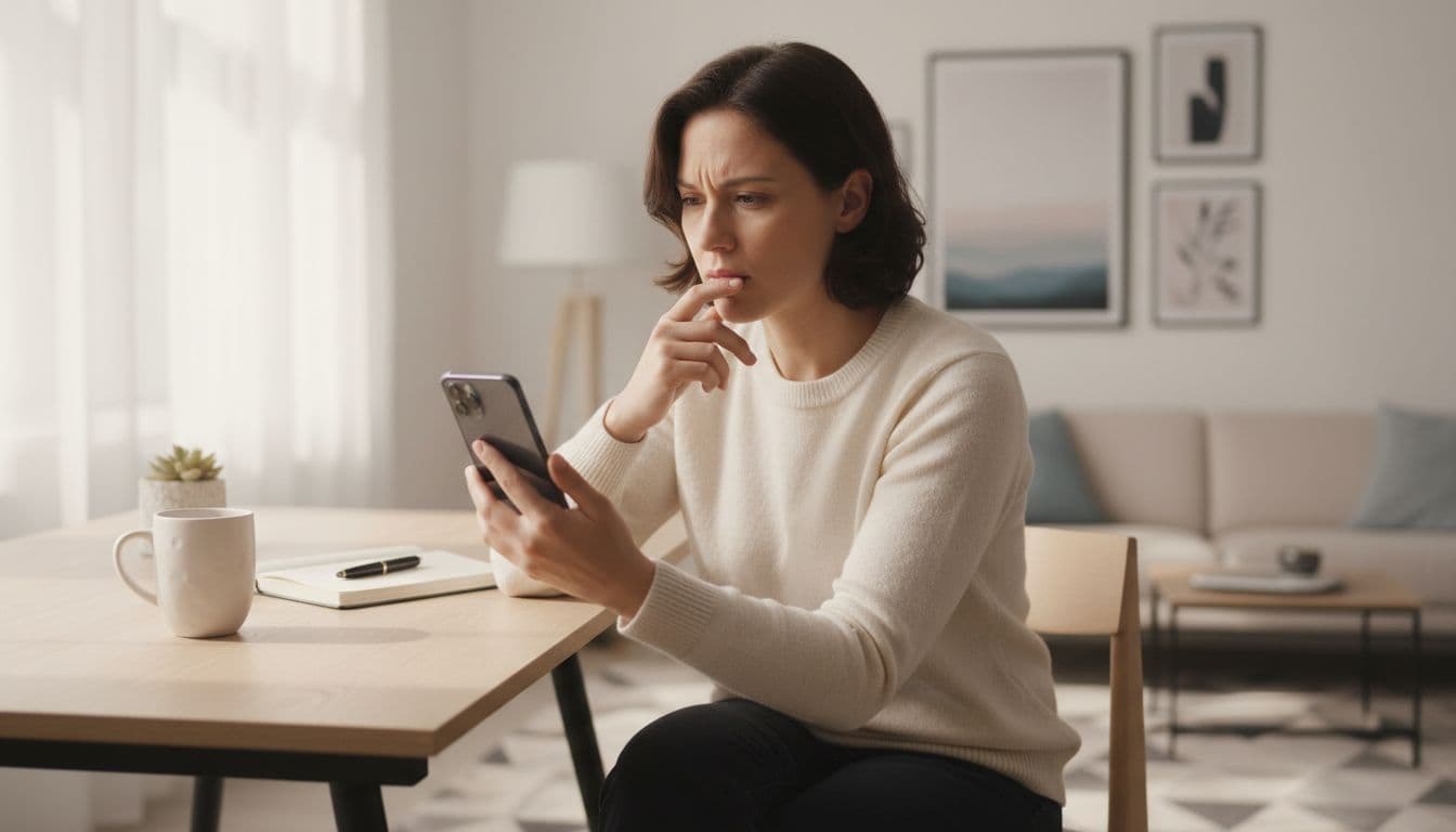 Persona en un escritorio en casa decidiendo con calma si mejorar de una app de fotos con IA gratis a un plan de pago