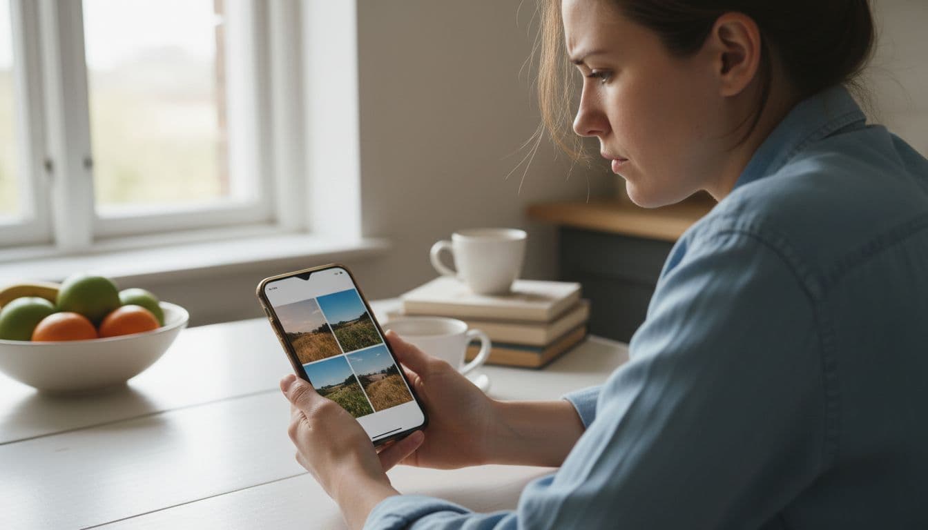 Persona comparando resultados de una app de fotos con IA gratis en el móvil sobre una mesa de cocina luminosa