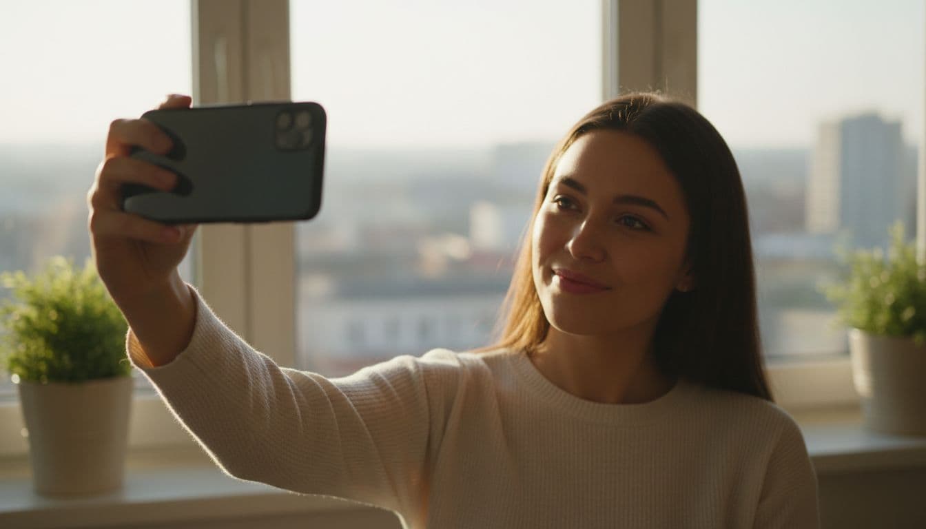 Persona tomándose una selfie casual cerca de una ventana luminosa para subirla a la prueba gratis de una app de fotos con IA