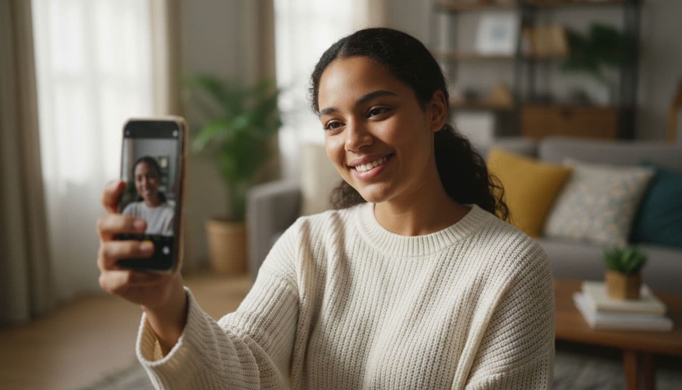 自宅で自然光の中リラックスして自撮りをする人物。今どきのAIプロフィール写真に変換する前の一枚