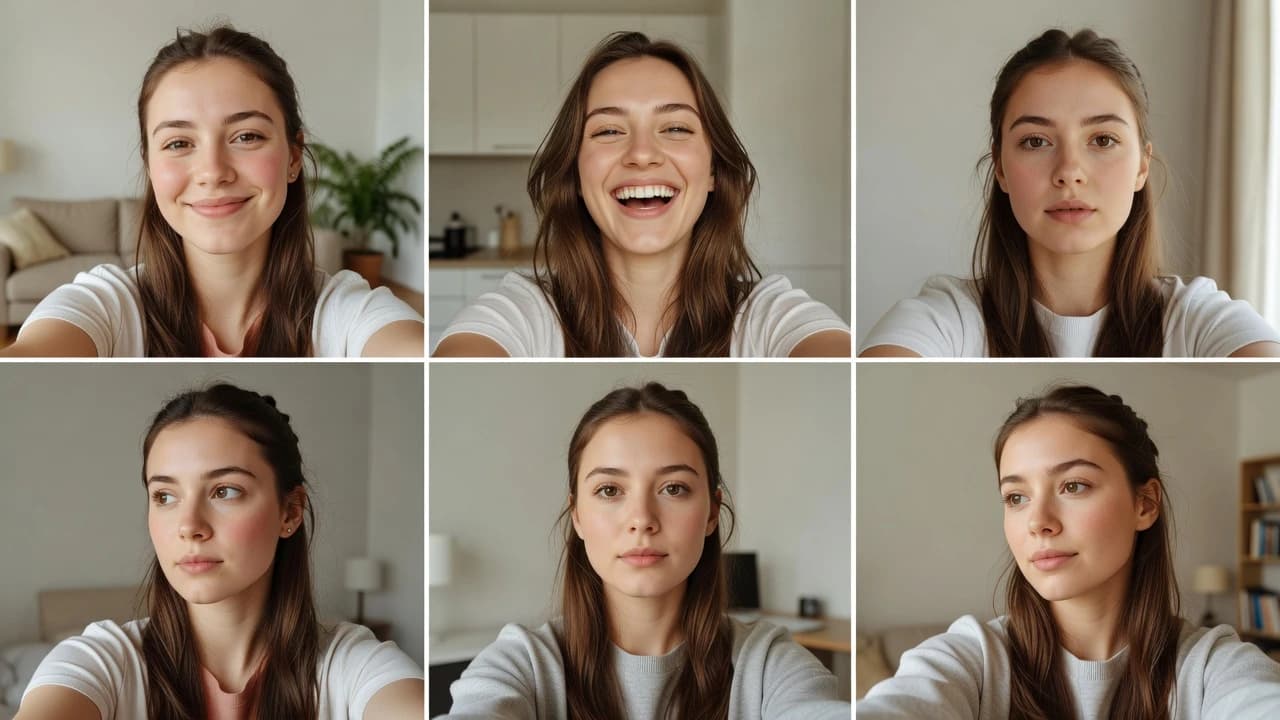 Contact sheet grid of one person taking varied selfies with different expressions and angles