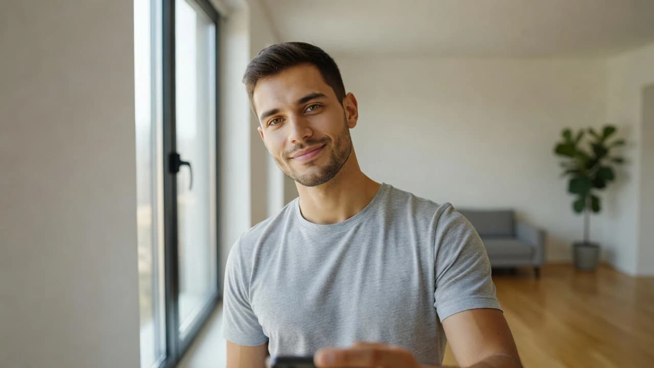 Person taking a selfie near a large window with soft natural daylight on their face